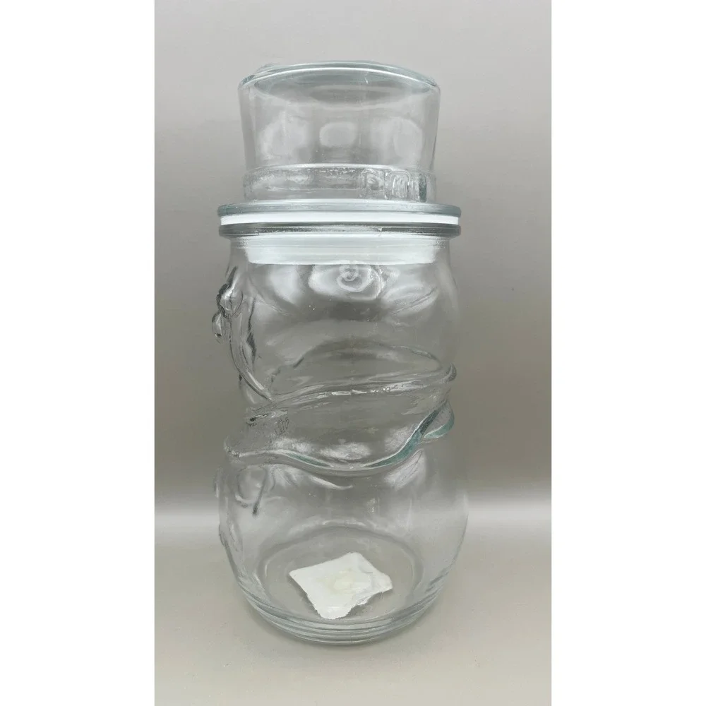 Vtg Libbey‎ Clear Glass Snowman Jar with Top Hat Lid Holiday Storage 75303 1638